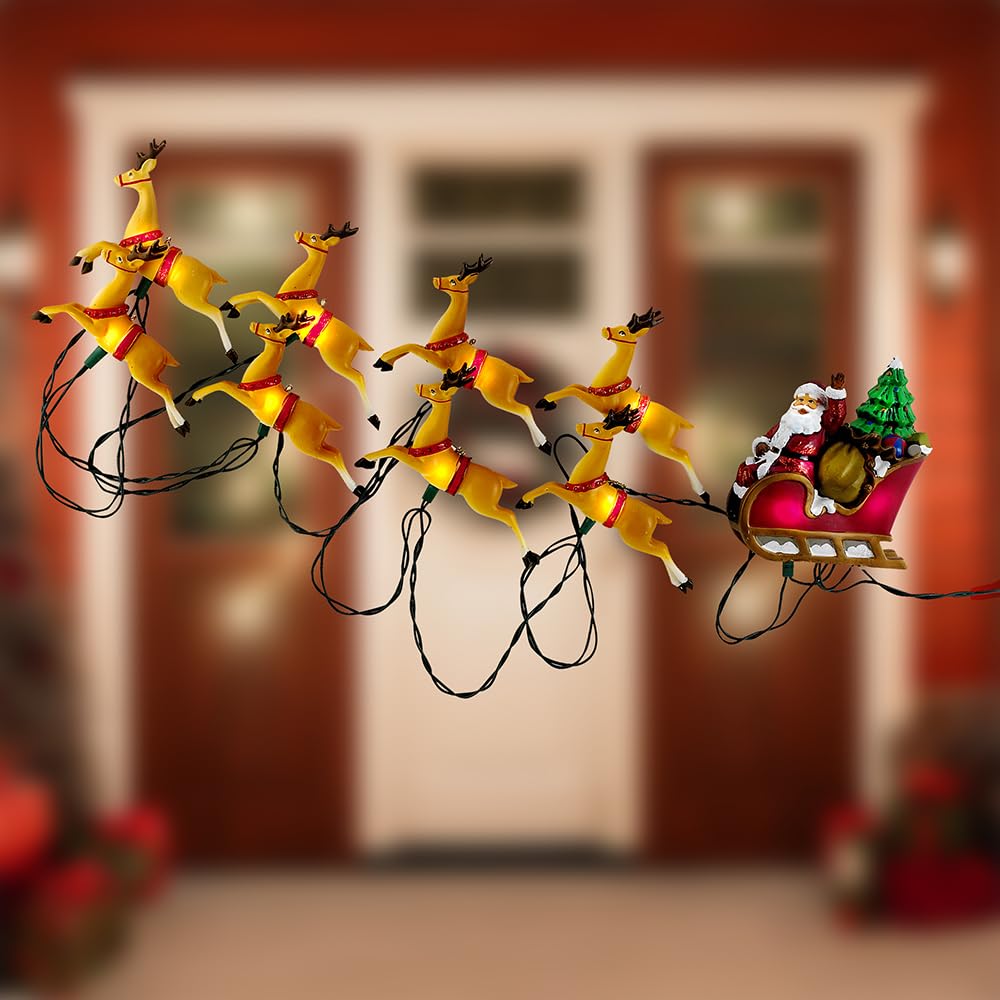 Kurt Adler 10-Light Santa Sleigh and Reindeer Light Set