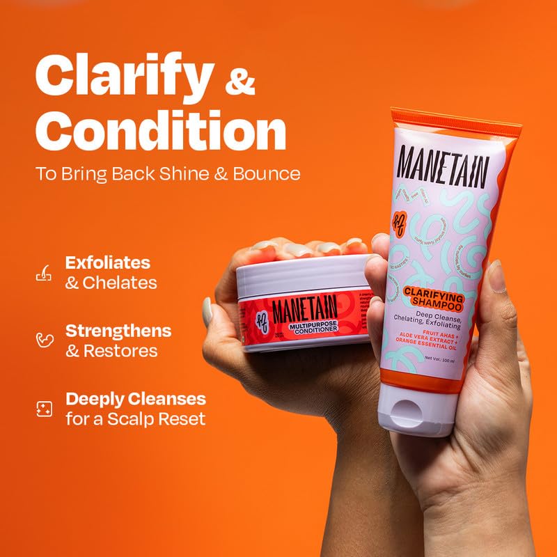 Image of MANETAIN Squeaky Clean Clarifying Shampoo 100ml & Multipurpose Conditioner 100gm | Curl Enhancing, Frizz Control, Protein-Moisture Balance | Hard Water, Product Buildup & Scalp Reset | For All Hair Types | For Men & Women