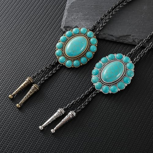 Image of GelConnie Bolo Tie for Men Women Western Cowboy Turquoise Leather Necktie | Natural Stone Bolo Tie Necklace for Women Rodeo Cowboy Leather Necktie Native American Western Cowgirl Ties Adjustable Cord