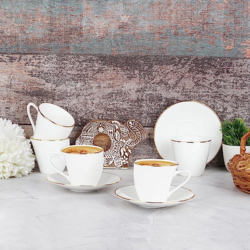 Image of Dandy Lines England Alpine Gold Band Coffee Mug & Cup Set, 6 Cups & Saucers, Elegant White, Bone China, Pack of 12, Microwave & Dishwasher Safe, Great for Hosting & Gifting