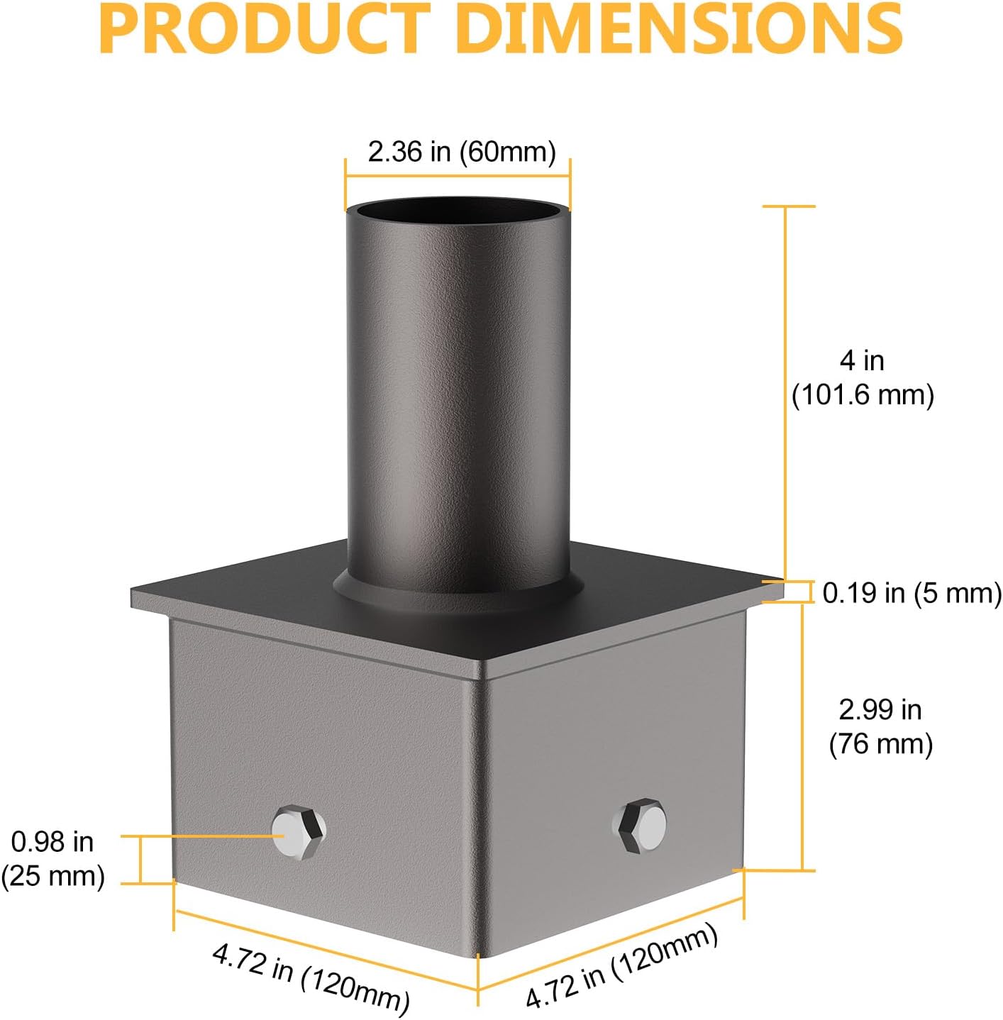 5" OD Square Pole Tenon Adapter with 2-3/8" Round Slip Fitter - Outdoor Light Fixture Mounting Bracket for Parking Lot, Shoebox, and Flood Lights - Heavy-Duty Steel Construction