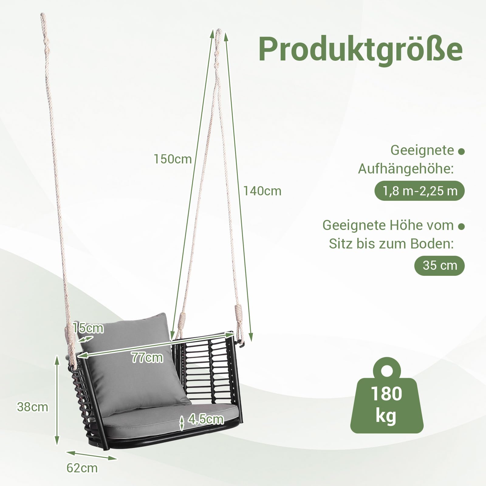 COSTWAY Fotel wiszący, rattanowy, obciążenie do 180 kg, fotel wiszący z poduszkami, metalową ramą i linami wiszącymi, fotel bujany, na werandę, do ogrodu, na podwórko (kolor szary)