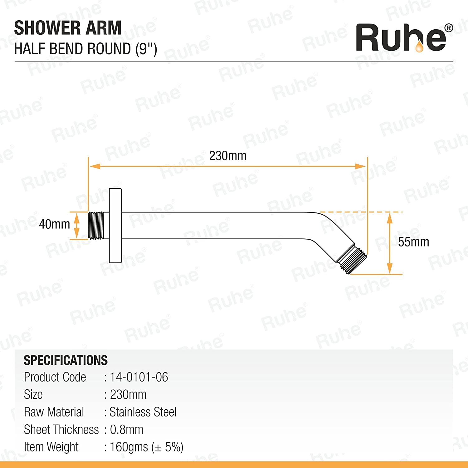 Ruhe 9 Inch Stainless Steel Shower Arm - Chrome Finish -2 Ruhe 9 Inch Stainless Steel Shower Arm - Chrome Finish -2