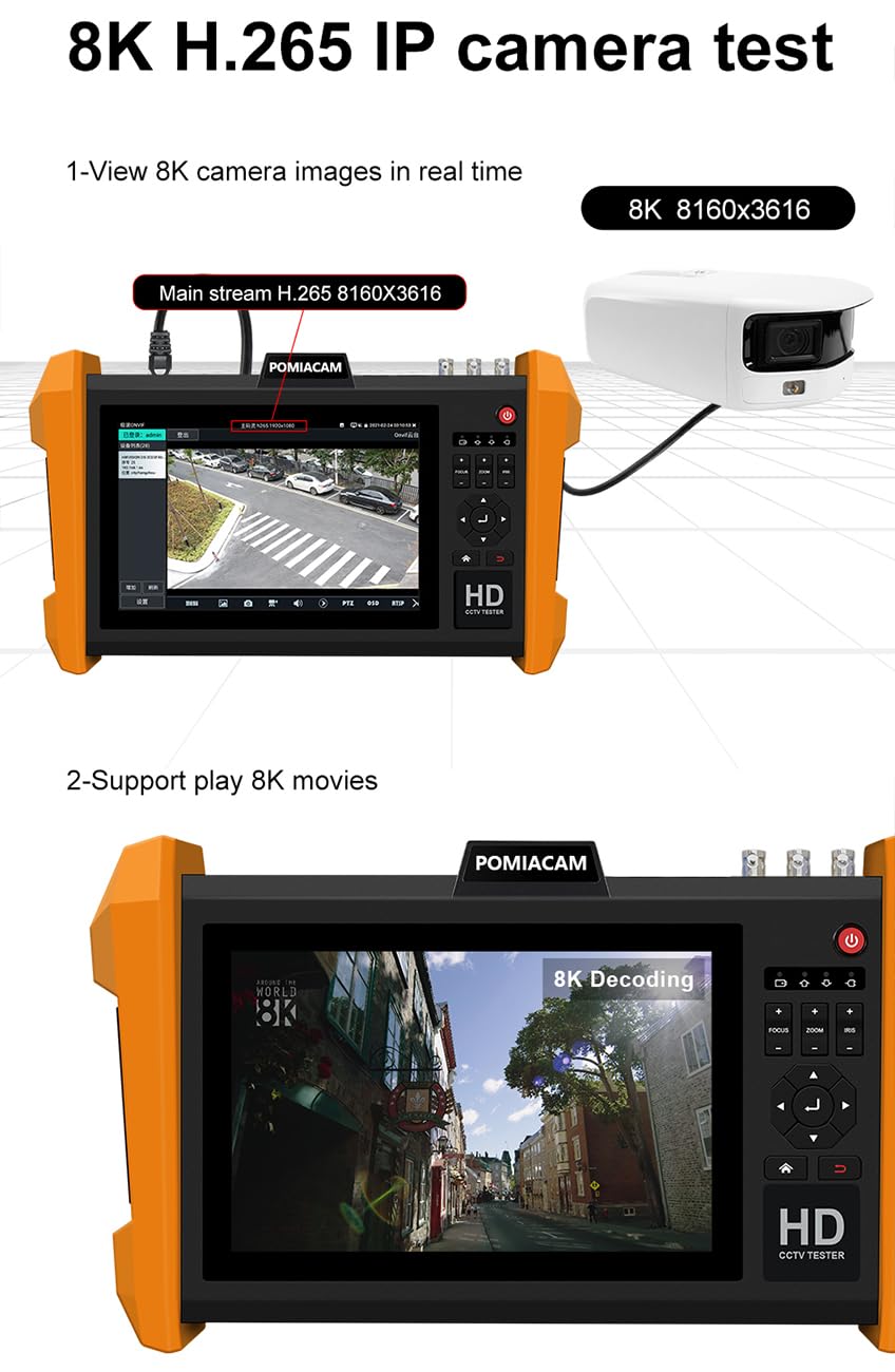 Tester telecamera IP K15-CADHS Tester CCTV 7 pollici IPS touch screen 8K Telecamera IP 8MP AHD CVI TVI SDI Test CVBS VGA e HDMI supporto porte modulo ottiche supporto POE PTZ RS485