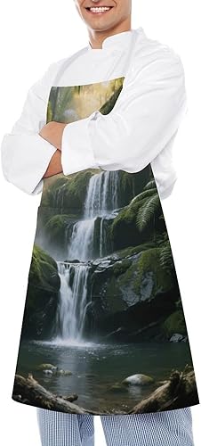 Miniatura 4 de MUSM Apron for Adults - 27.6 X 31.5 Inch, Heavy-Duty Polyester Aprons with Two Large Pockets, Waterproof Forest Waterfall Kitchen Apron for Cooking,