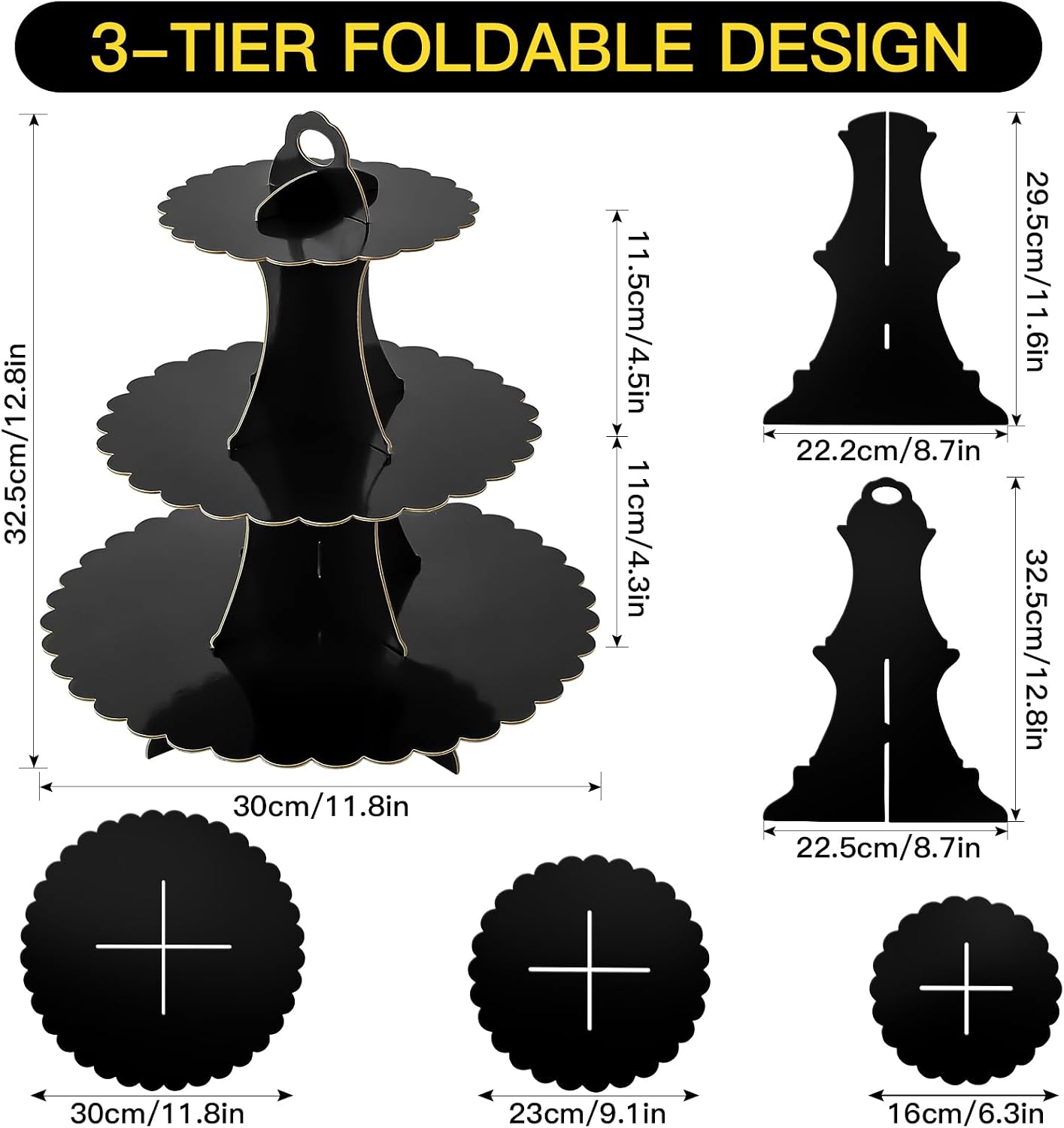 Soleebee 3-Tier Cupcake Stand, Cardboard Cupcake Tower, Dessert Cup Cake Stand Tower for Birthday Wedding Party Decoration, Cupcake Tier Stand 1 Set (Black)