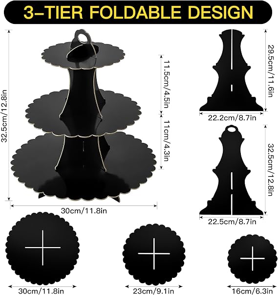Soleebee 3-Tier Cupcake Stand, Cardboard Cupcake Tower, Dessert Cup Cake Stand Tower for Birthday Wedding Party Decoration, Cupcake Tier Stand 1 Set (Black)