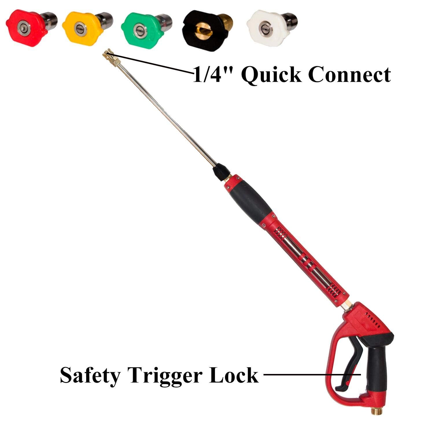 Hourleey Pistola de lavado de alta presión, pistola de lavado de energía roja con extensión de varita de repuesto, 5 puntas de boquilla, M22 de 14 mm a M22 de 15 mm, conector rápido M22 de 14 mm a