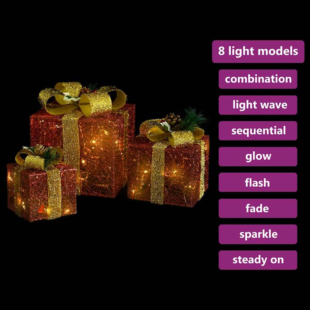 Geschenkboxen Deko-Set 3 Stk. Rot aus Textilgewebe mit 60 LEDs und 8 Lichteffekten, 5 m Kabel, für Weihnachtsbeleuchtung innen und außen, Fensterdeko, Garten, Terrasse