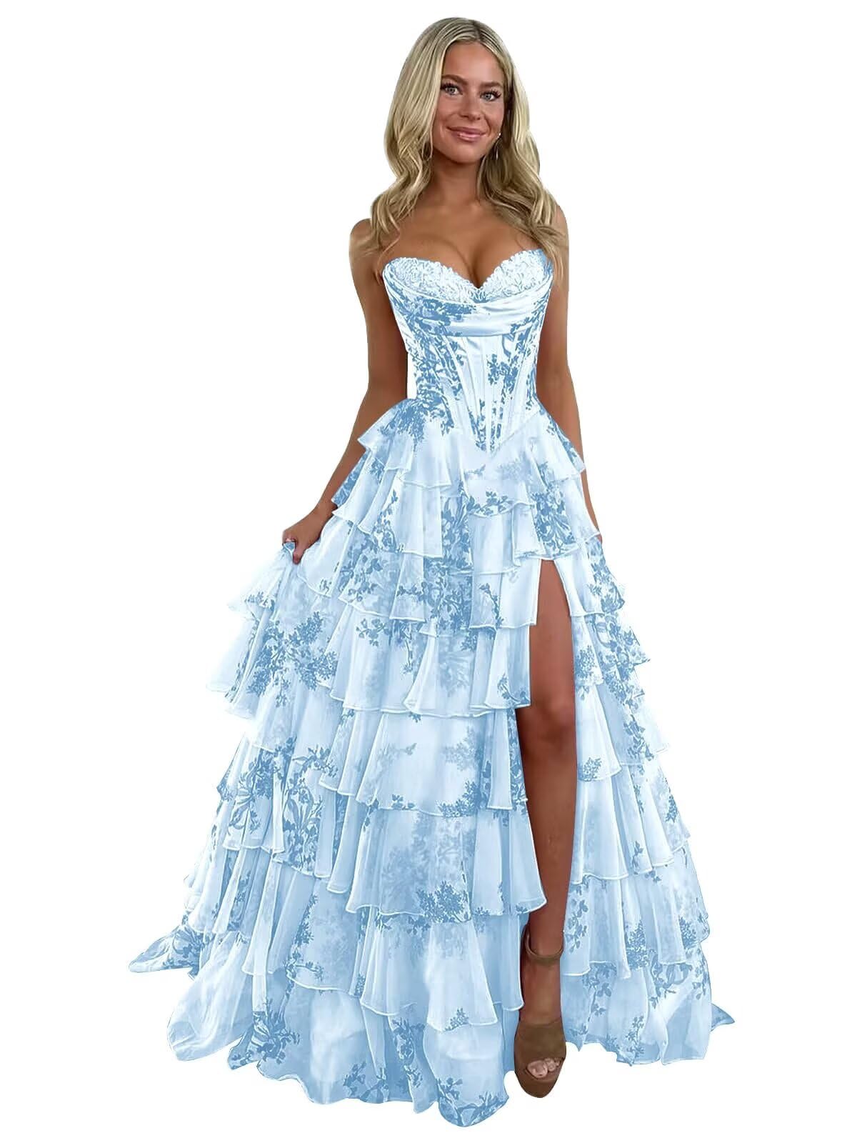UZN Floral Print Tiered Prom Dresses 2025 with Slit Long Strapless Corset Formal Evening Party Gowns
