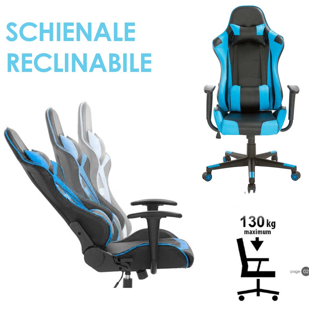 BAKAJI Sedia Poltrona Gaming Scrivana Ufficio Casa in Ecopelle Schienale Reclinabile Cuscino Lombare Poggiatesta Rotazione 360 gradi Direzionale Altezza Regolabile 5 Ruote (Blue)