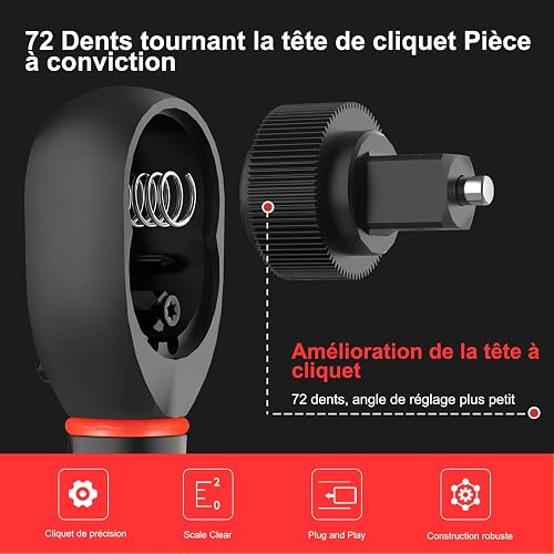 ATsafepro 6 Pièces Cle Dynamometrique 1/4" & 3/8" & 1/2",Clé Dynamométrique 3-25 NM,5-60 NM,20-230 NM, Précision ±3% avec 72 Dents Tête à Cliquet Réversible pour Vélo, Moto, Voiture - 6