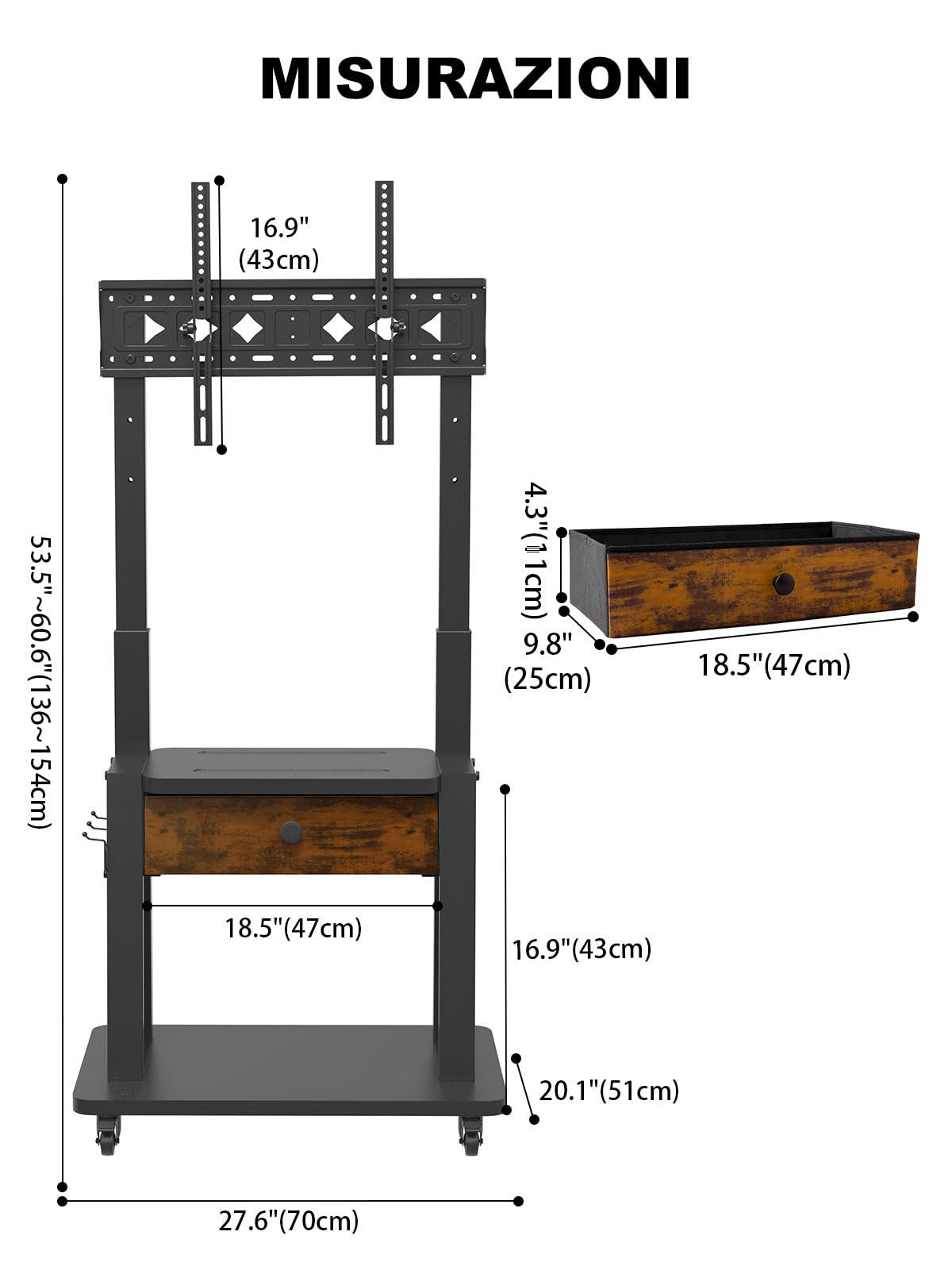 Supporto TV con cassetto in tessuto, per schermo piatto/curvo da 32-75 pollici, fino a 200 libbre LCD/LED/OLED, carrello per TV mobile con ruote per casa ufficio all'aperto Max VESA 600 x 400 mm