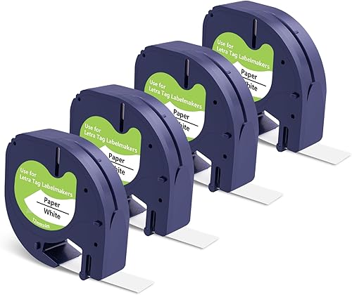 BOYEEZON DYMO LetraTag 91330 - Paquete de 4 cintas de repuesto para etiquetadoras de papel negro sobre blanco para LT100H LT-100T LT-200B, 12
