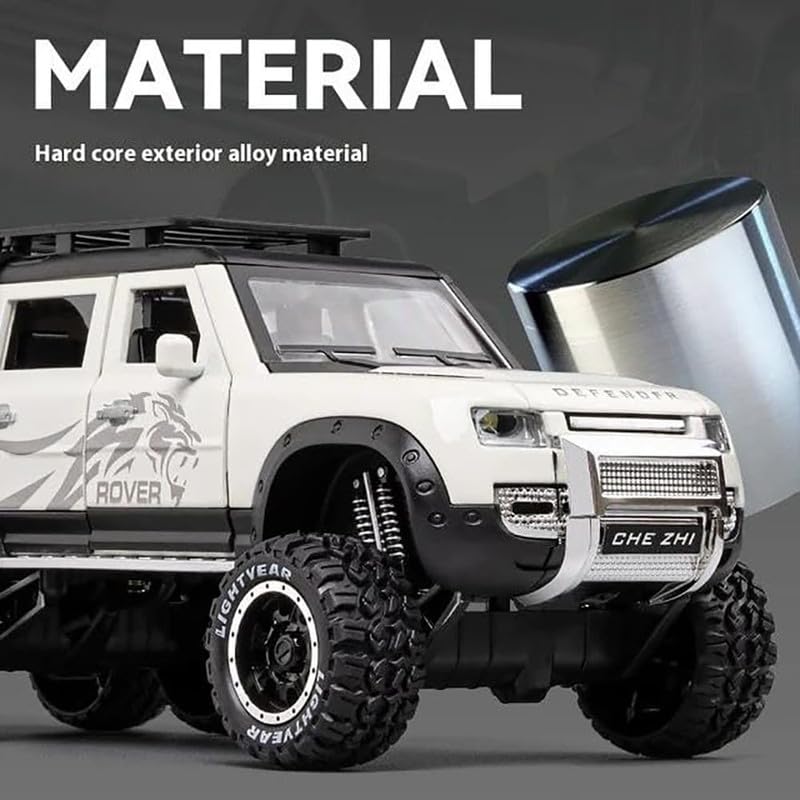Image of Kids Model 1:24 6 Wheel Defender Die Cast Metal Car Pull Back Action Opening Doors with Realistic Engine Sound Lights Toy Car Gift for Boys - White