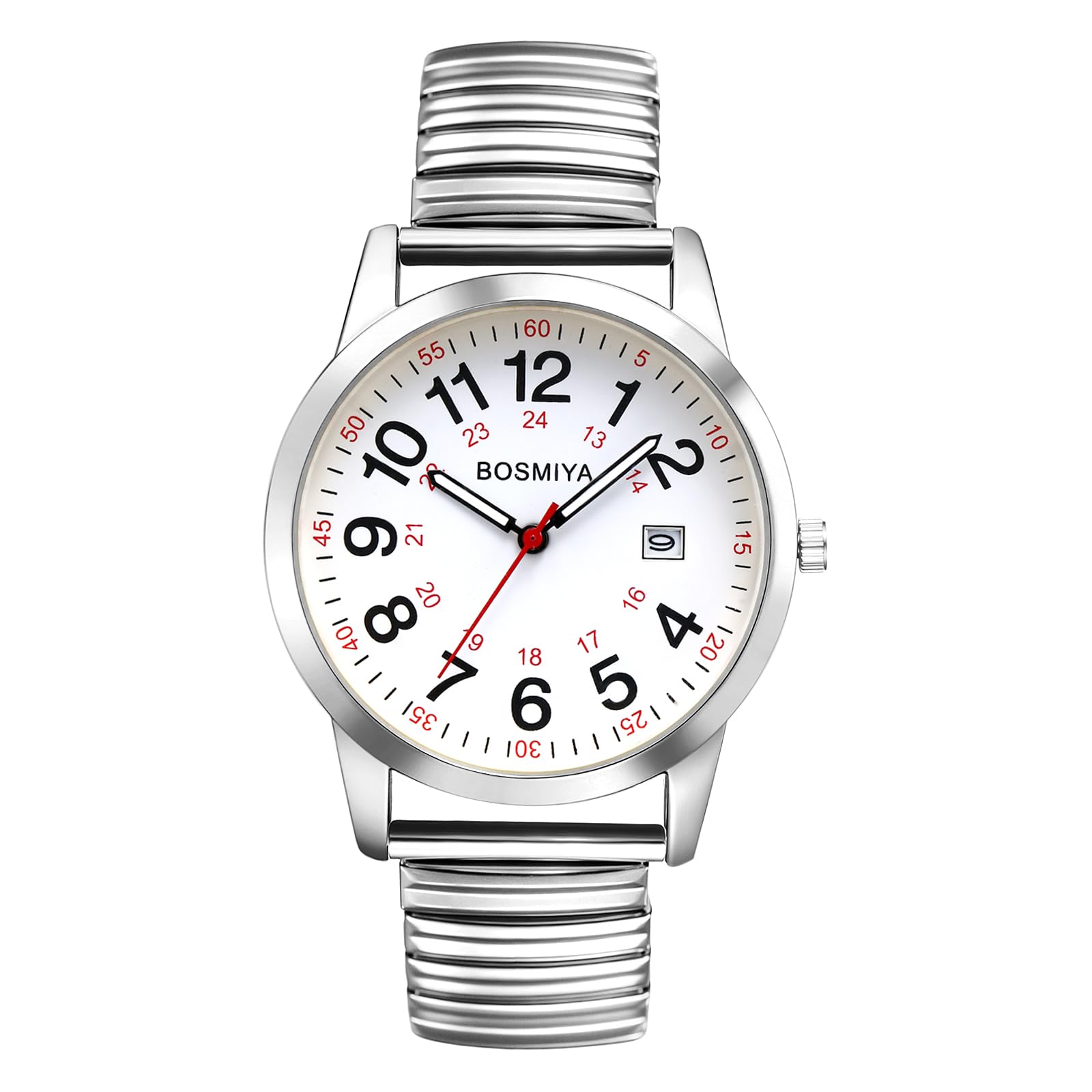 JewelryWe Herrenuhr Elastisches Zugarmband Uhr Klassische Kalender Analog Quarz Armbanduhr Herren Damen Edelstahl Stretcharmband Senioren Uhr mit Großen Zahlen 24-Stunden Zifferblatt