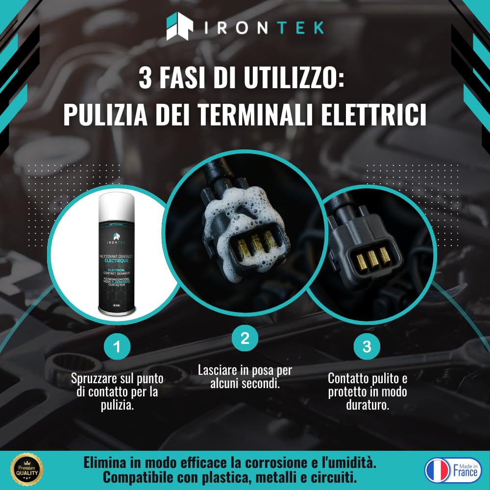 Spray Pulitore Contatti Elettrici - IRONTEK - 400ml | IT113 | Elimina Corrosione e umidità | Film Protettivo | Migliora Conduttività