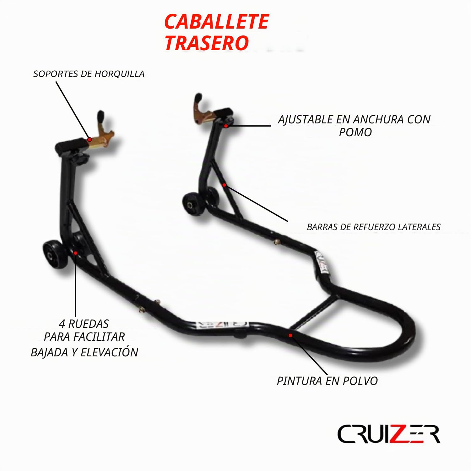Cruizer - Plataforma elevadora delantera para motocicleta con fijaciones cónicas y horquillas, ruedas inferiores y barras laterales de refuerzo
