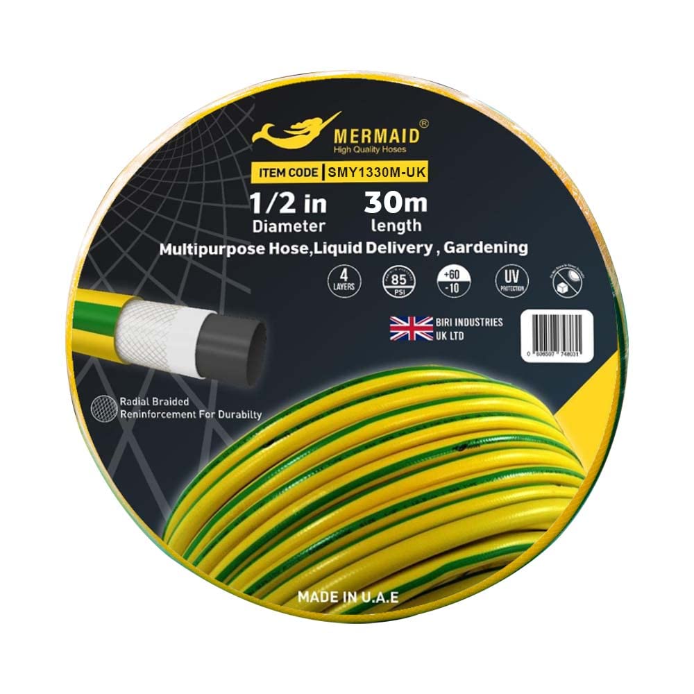 Reinforced Garden Hose 1/2 Inch 30 Meter | Radial Braided Multi-Purpose Kink Resistant Master Hose | 4 Layers Hose UV Protected Watering Hose for Gardens, Lawns and Other Watering Purposes - Yellow