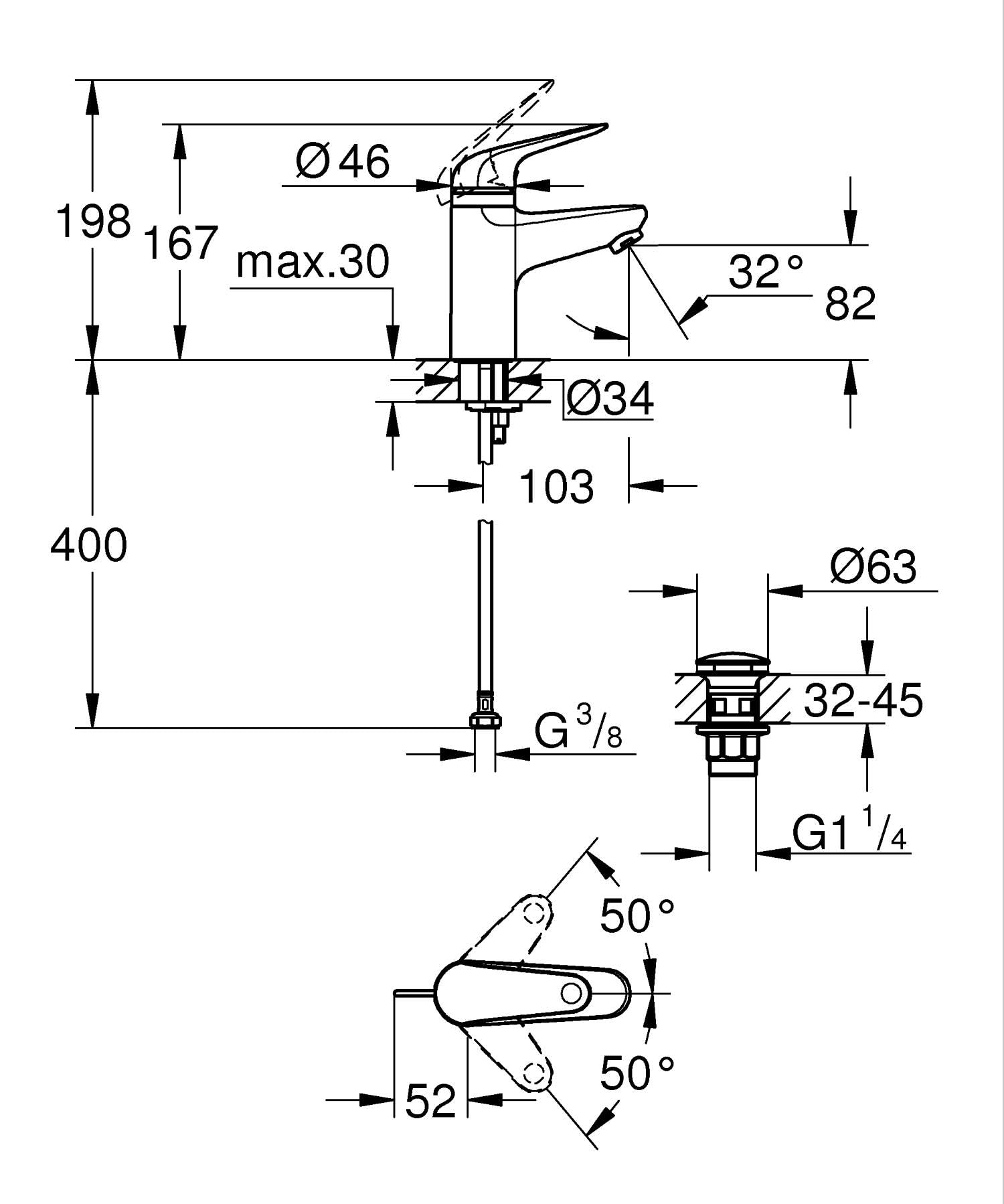GROHE QUICKFIX - SWIFT, Mitigeur lavabo, avec bonde de vidage Clic-Clac, Sécurité enfant, outil de montage fourni, Economie d'eau, Taille S, Chromé, 24319001