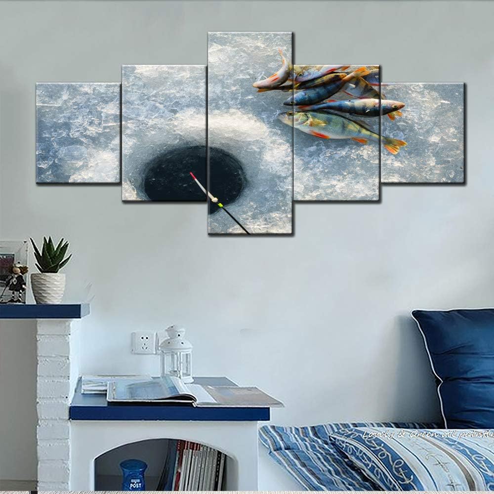 Canvas Pictures Caught Fish on Ice Fishing Wall Art for Living Room 5 Panel White Artwork Modular Abstract Paintings Modern Home Decor Wooden Framed Ready to Hang Posters and Prints(50''W x 24''H) 50WX24H Artwork-19