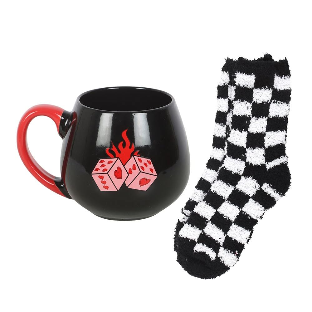 Something Different Wholesale Black Dice Mug And Socks Gift Set | 500Ml Ceramic Mug With Checkerboard Socks | Alternative Fun Gift | Bold Flaming Design | Gift Boxed