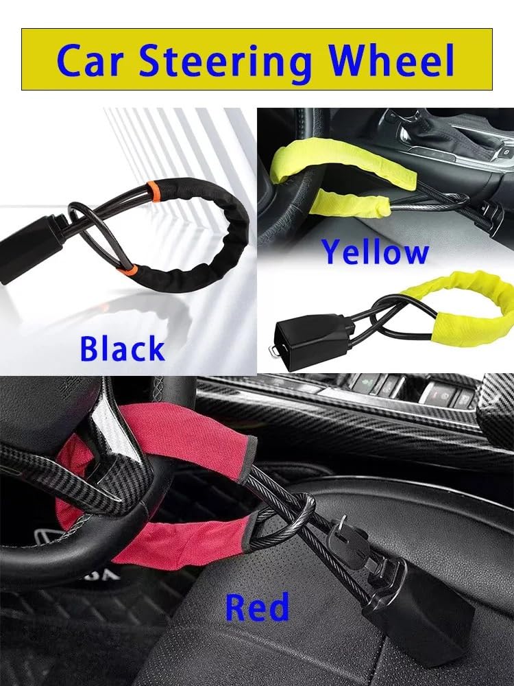 Cierre de seguridad para coche Bloqueo para volante de coche, hebilla para cinturón seguridad, bloqueo cuerda para coches pequeños con cadena Cable acero grueso, antirrobo(Yellow 1Pcs)