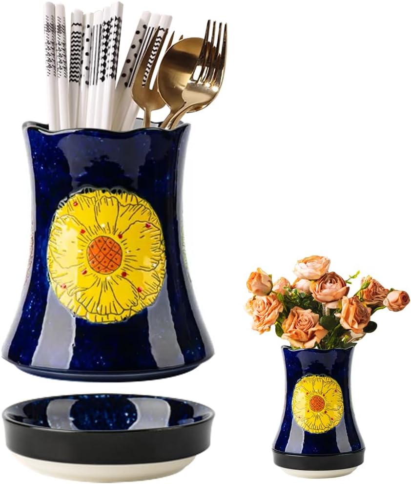 WAYUTO Ceramic Kitchen Utensil Holder Multi-functional Large Capacity Utensil Storage Crock Decorative Vase for Dried Flower with Embossed Three-dimensional Flower Design for Kitchen Decor Blue