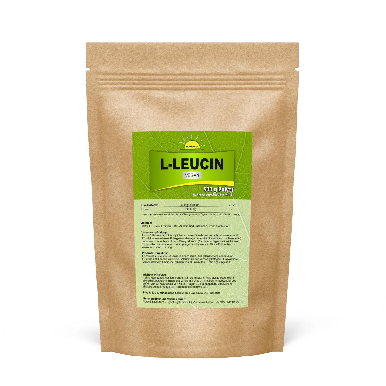 L-Leucin (Aminosäure), vegan, 500 g im Beutel, Premiumqualität ohne Zusatzstoffe