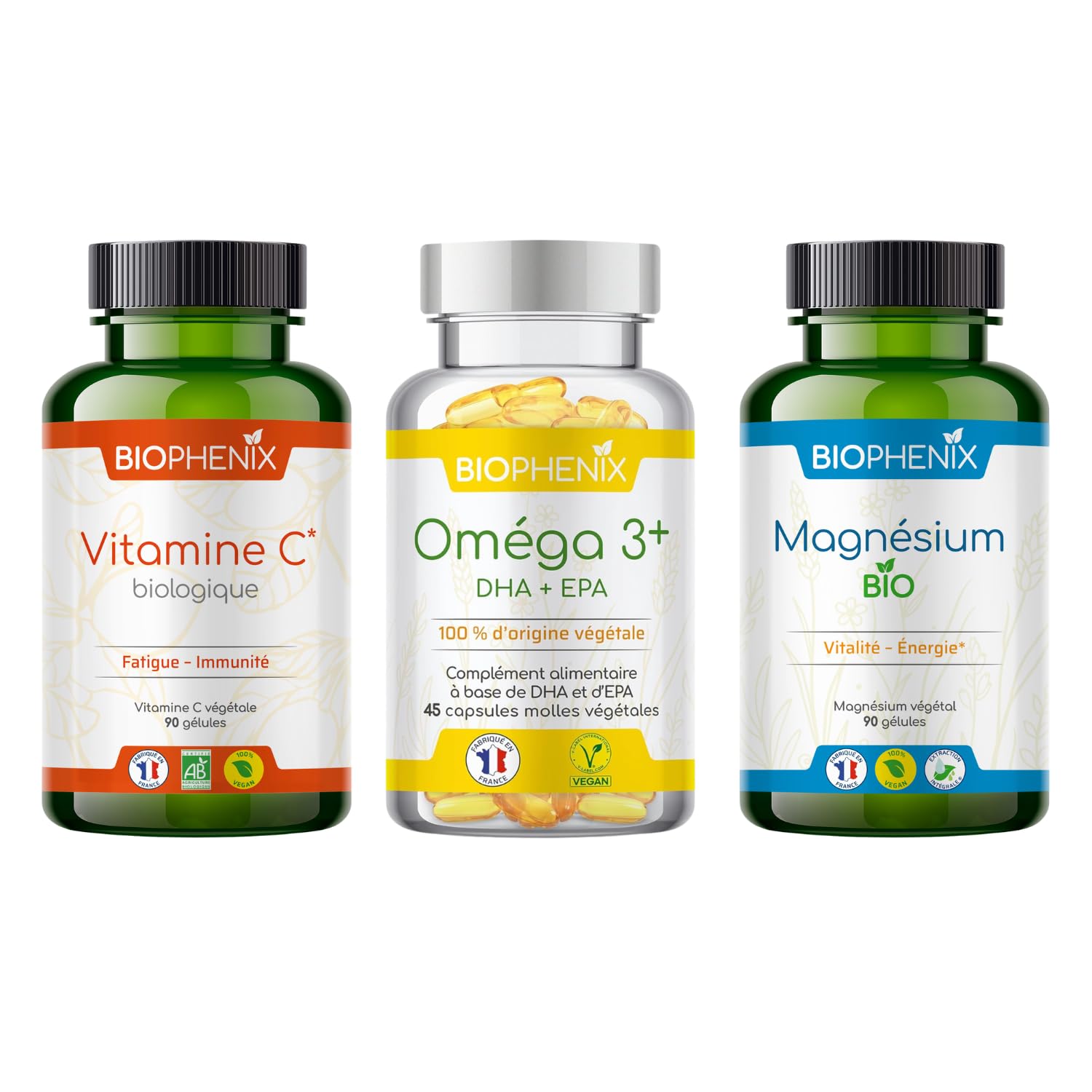 Biophénix - Pack Vitalité & Concentration - Magnésium Bio 90 Gélules & Vitamine C Bio 90 Gélules + Oméga 3+ Végétales 45 Capsules - Énergie, Clarté Mentale & Immunité