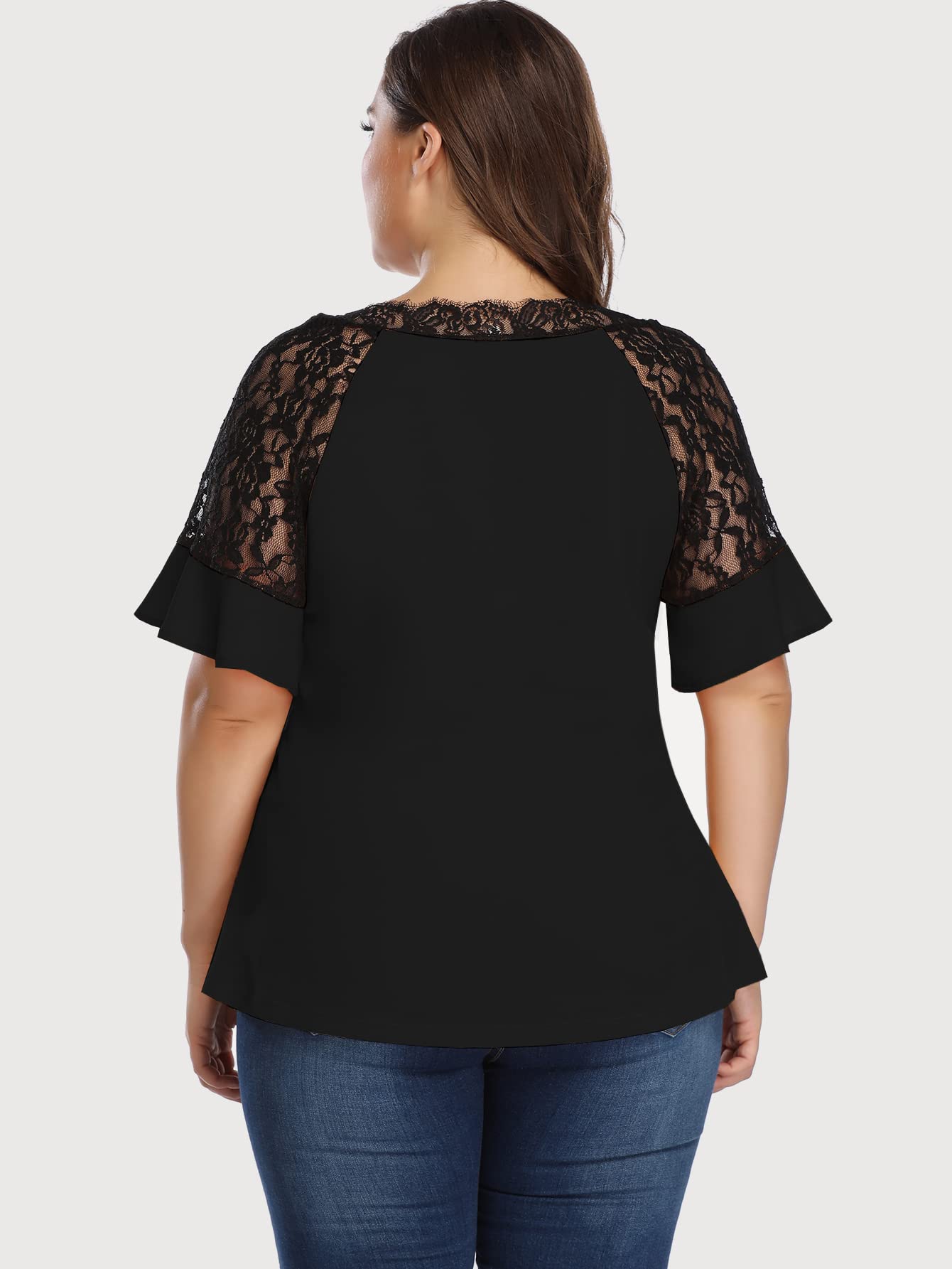 OYOANGLE Women's Plus Size Flounce Short Sleeve Work Office Lace Deep V Neck Elegant Blouse