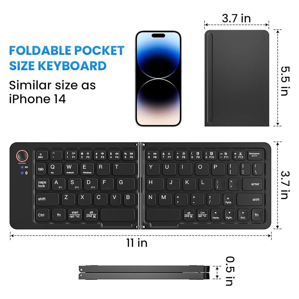 Image showing the folded and unfolded dimensions of the TECPHILE B023-Black keyboard, comparing its folded size to an iPhone 14.