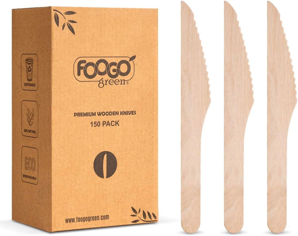FOOGO Green Set di 150 Coltelli Monouso in Legno e Bambù, Certificate FSC®, 16 cm, Compostabili e Biodegradabili, Posate Usa e Getta per Feste, Picnic e Aperitivi, Coltelli in Bambù