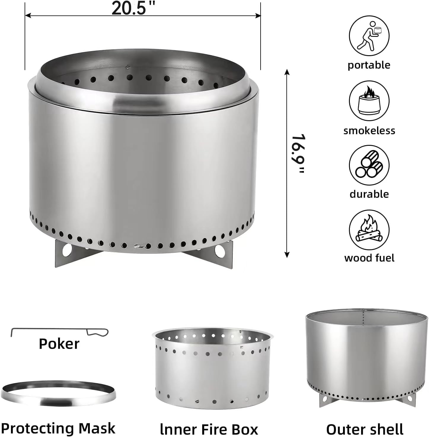 Brasero Exterior sin Humo de 50 cm (20 Pulgadas) de Acero Inoxidable con Interruptor de Aire, para leña, con Soporte y cenicero extraíbles. Ideal para fogatas, acampadas, picnics, reuniones familiare
