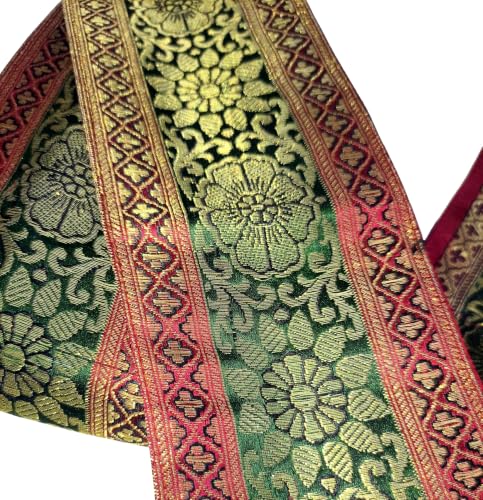 Image of Brocade Ethnic Work 9 Meter Laces and Borders Material for Dresses, Sarees, Lehenga, Suits, Blouses, Dupatta, chunri and Crafts (Maroon x Dark Green)