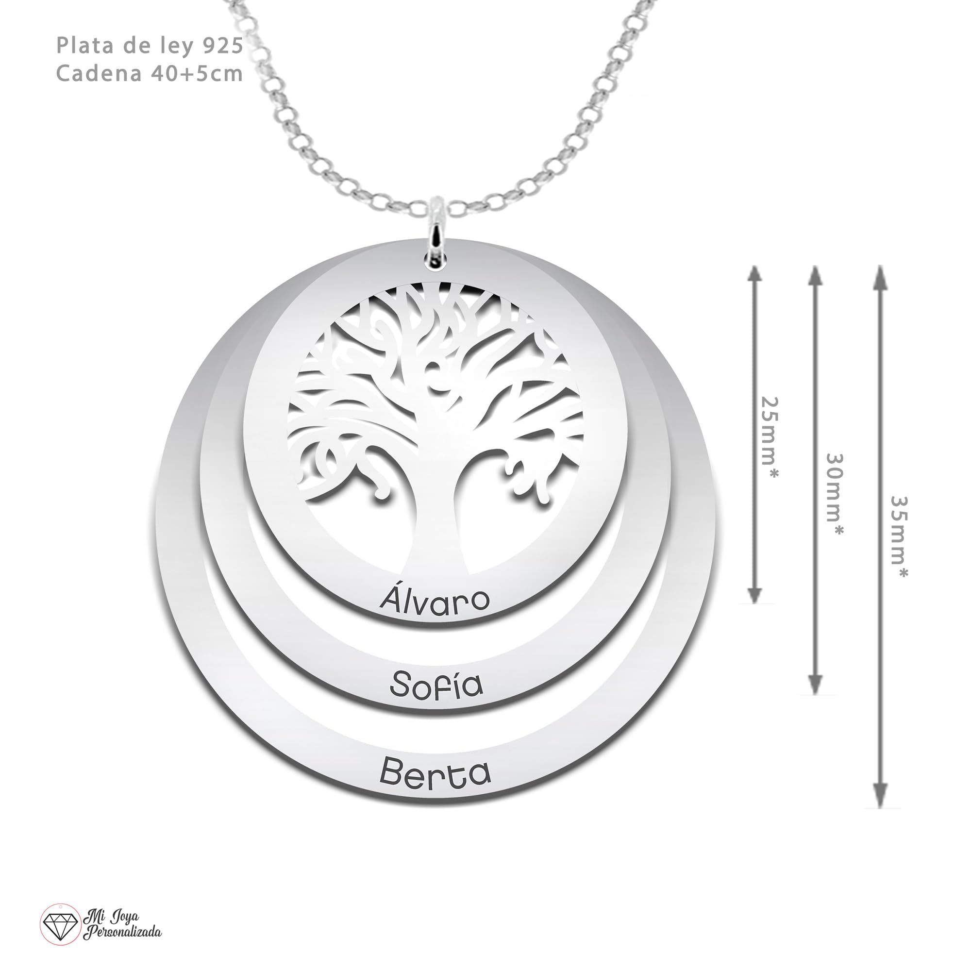 Colgante de Plata Personalizado con Árbol de la Vida y Nombres Grabados - Collar con hasta 3 Aros para Familia - Joyería Simbólica para Madres y Abuelas