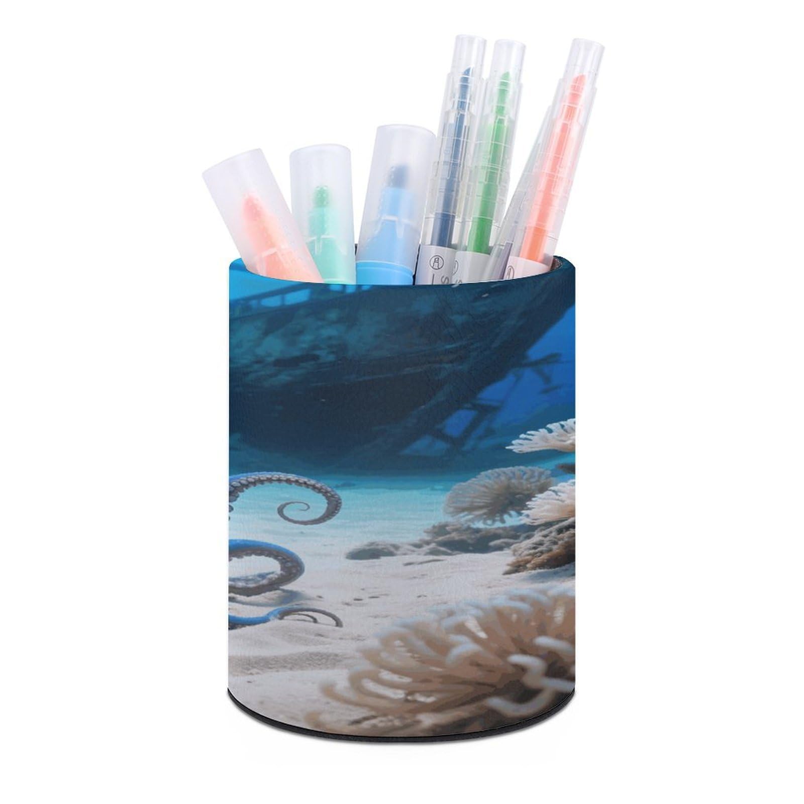 VstaDank - Round Octopus and Boat Pencil Holder Pencil Holder PU Leather Desk Organizer Holder for Desk Desk Desk Office Home Decor