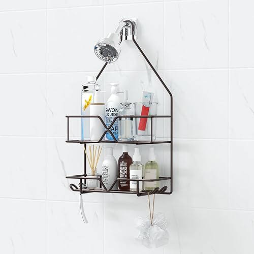 TreeLen Organizador de ducha para colgar sobre cabezal de ducha, organizador de ducha, 4 ganchos, soporte para champú, color bronce
