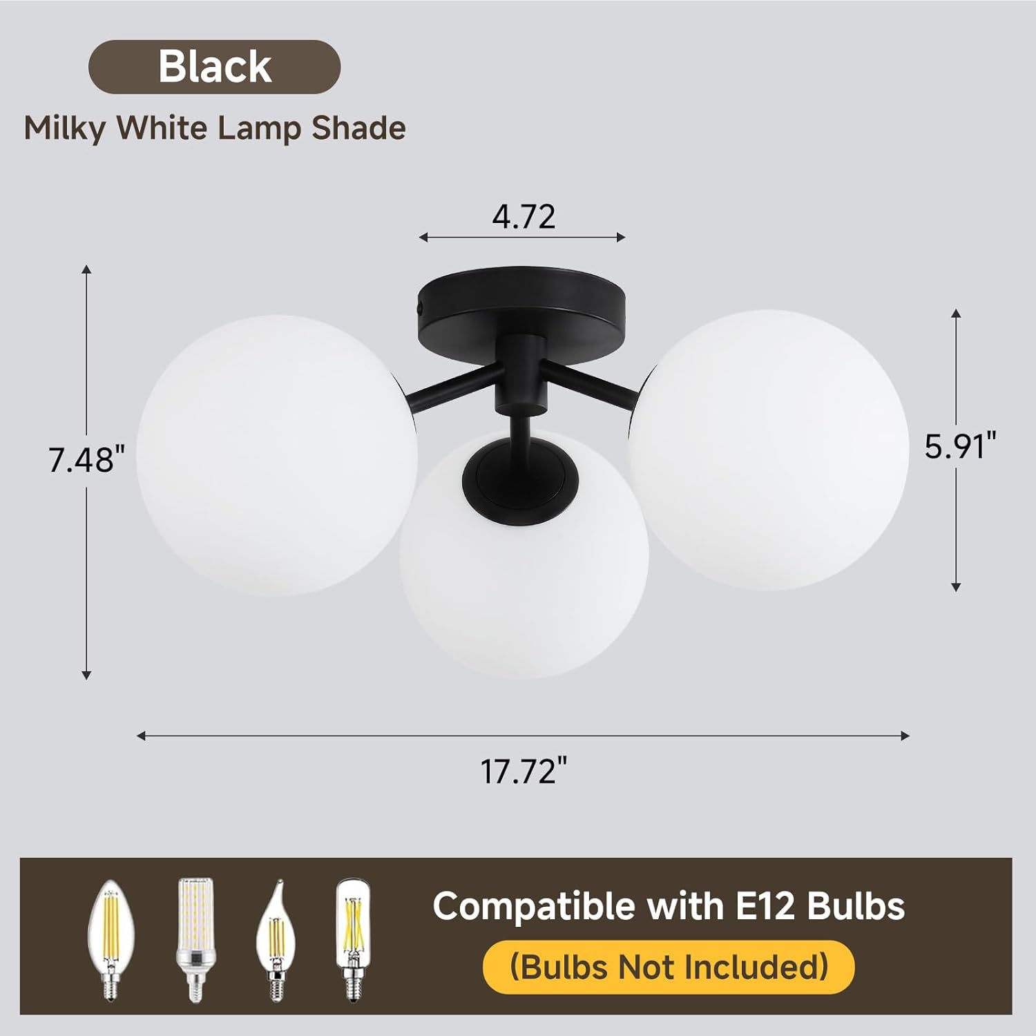 Black Globe Semi Flush Mount Ceiling Light Mid Century Modern Milk Glass Ceiling Light Fixture Linear Sputnik Matte 3 Lights Chandelier for Bedroom Living Room Entryway Dining Room Hallway
