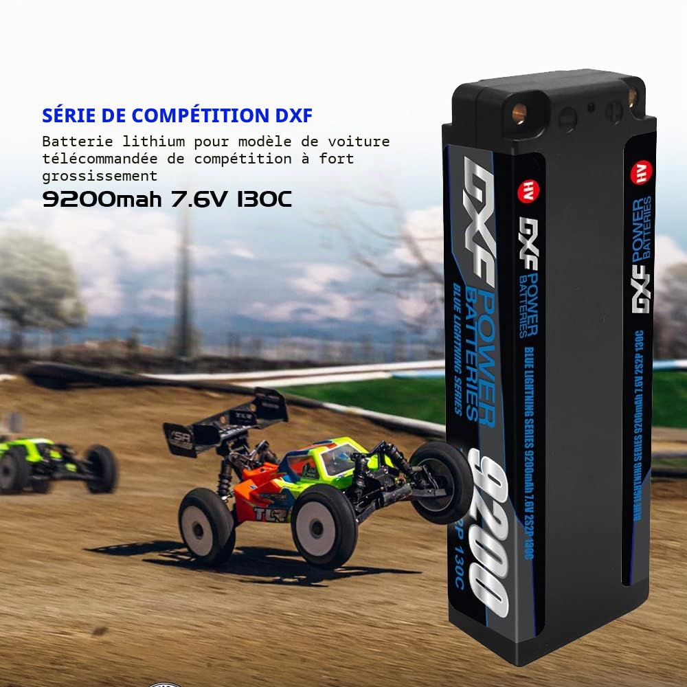 DXF LiPo 2S 9200mAh 7.6V 130C HV Connecteur T-Plug 5mm - Batterie Haute Performance pour Voiture RC 1/8 1/10, Buggy, Short Course, Monster Truck, Camion, Truggy, Crawler Radiocommandé Brushless