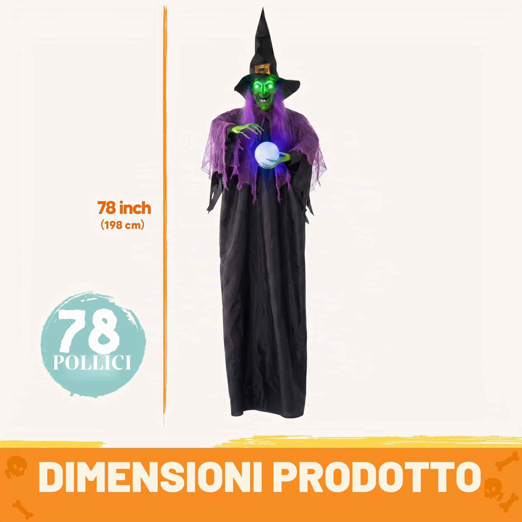 JOYIN 78"Decorazione Strega Appesa Halloween con Palla Magica,Strega Parlante Animata Appesa con Occhi Luminosi e Suono per Decorazioni Prato Casa Stregata Halloween