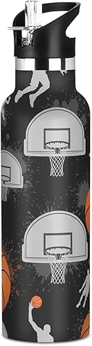 Water Bottle for Kids with Straw Leakproof Insulated Water Bottle 20oz, BPA-Free, Orange Basketballs