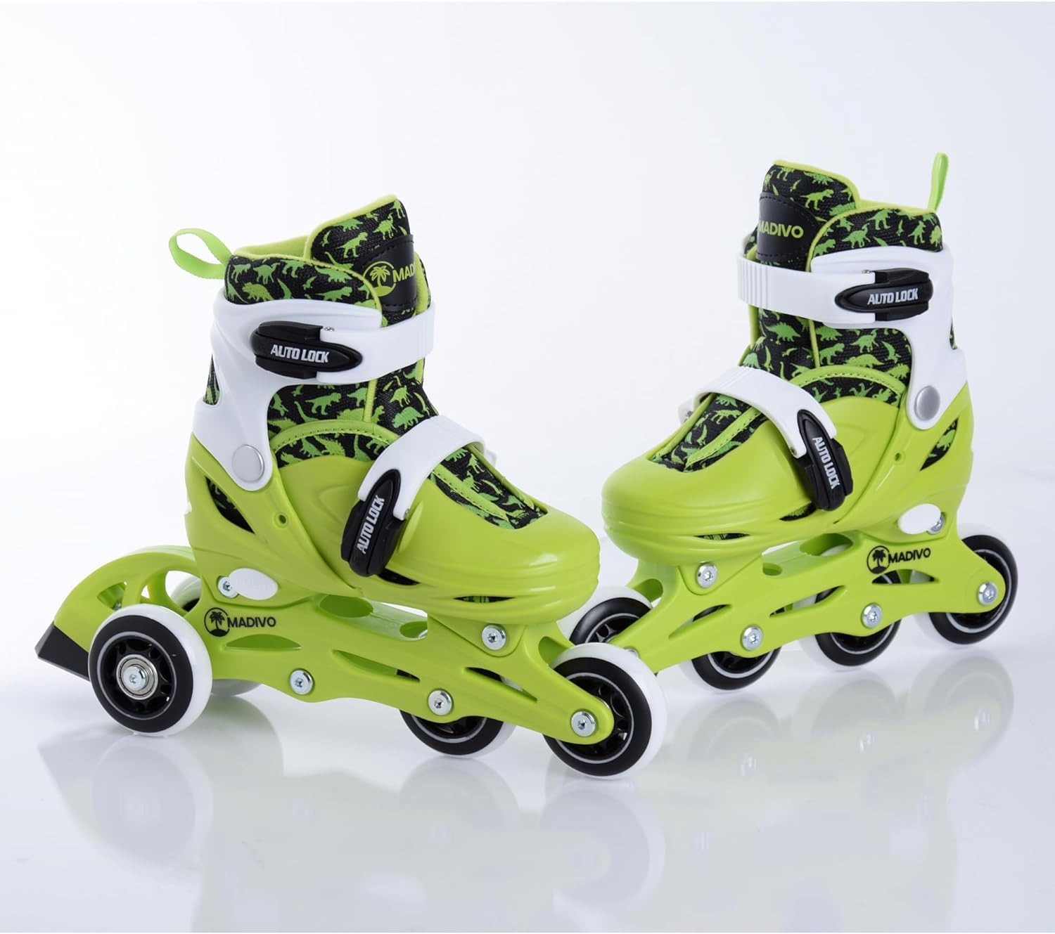 Madivo Dino Set 2 en 1 Rollers / Triskates réglables | Patins à roulettes ABEC-5 | Rollers en ligne convertibles en patins à roulettes | Vert/noir | Tailles : 26-29, 30-33