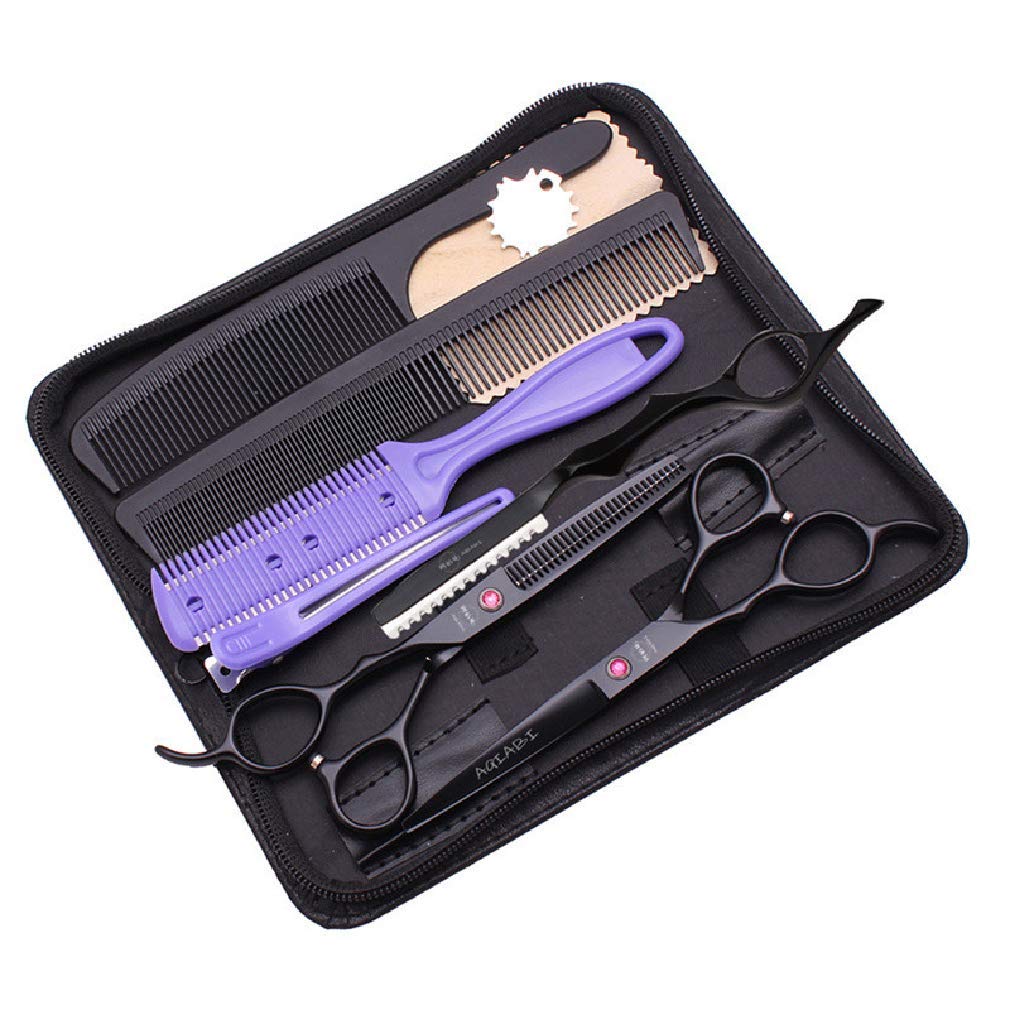YODZ 5.5/6.0/7.0 Pulgadas Conjunto De Tijeras De Peluquería Zurda, Barberos Tijeras De Corte De Cabello Profesional Tijeras De Estilo 10 PCS Kit, Luz Y Afilado, para Hombres, Mujeres,Negro,7.0 Inch B