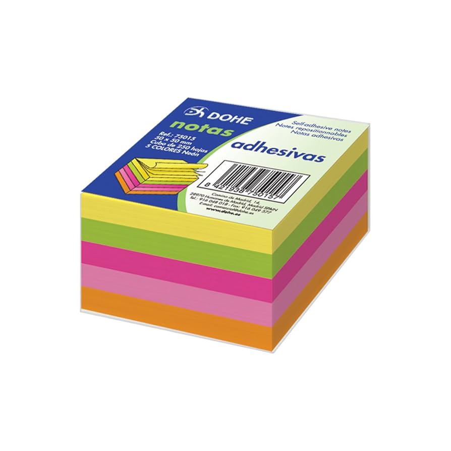 Cubes De Notes Adhésives DOHE - 250 Feuilles 50x50mm - Couleurs Fluo - Repositionnables