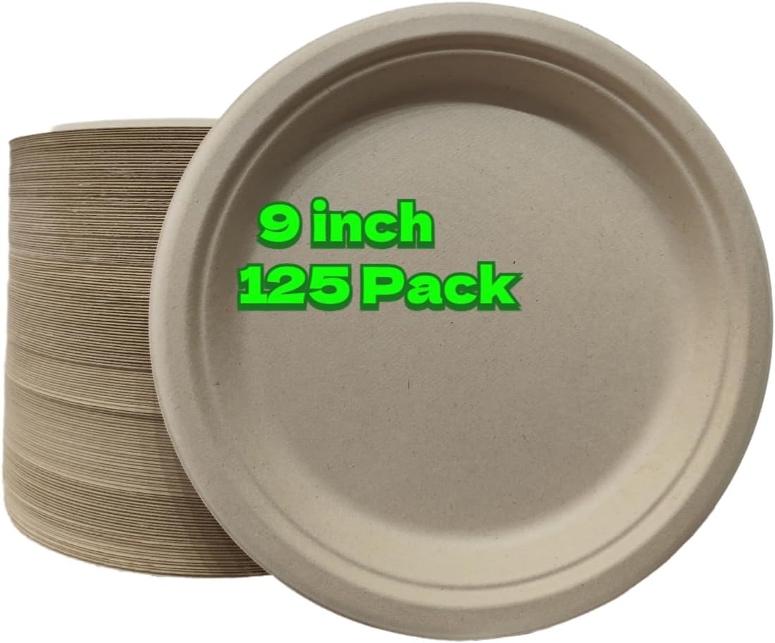 Compostable Paper Plates, 9 Inch, 125 Pack