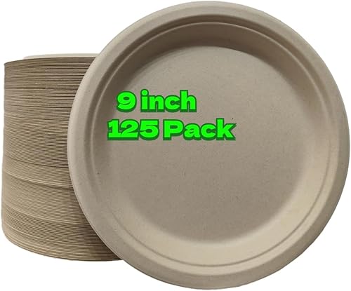 Platos de papel compostables, 9 pulgadas, paquete de 125
