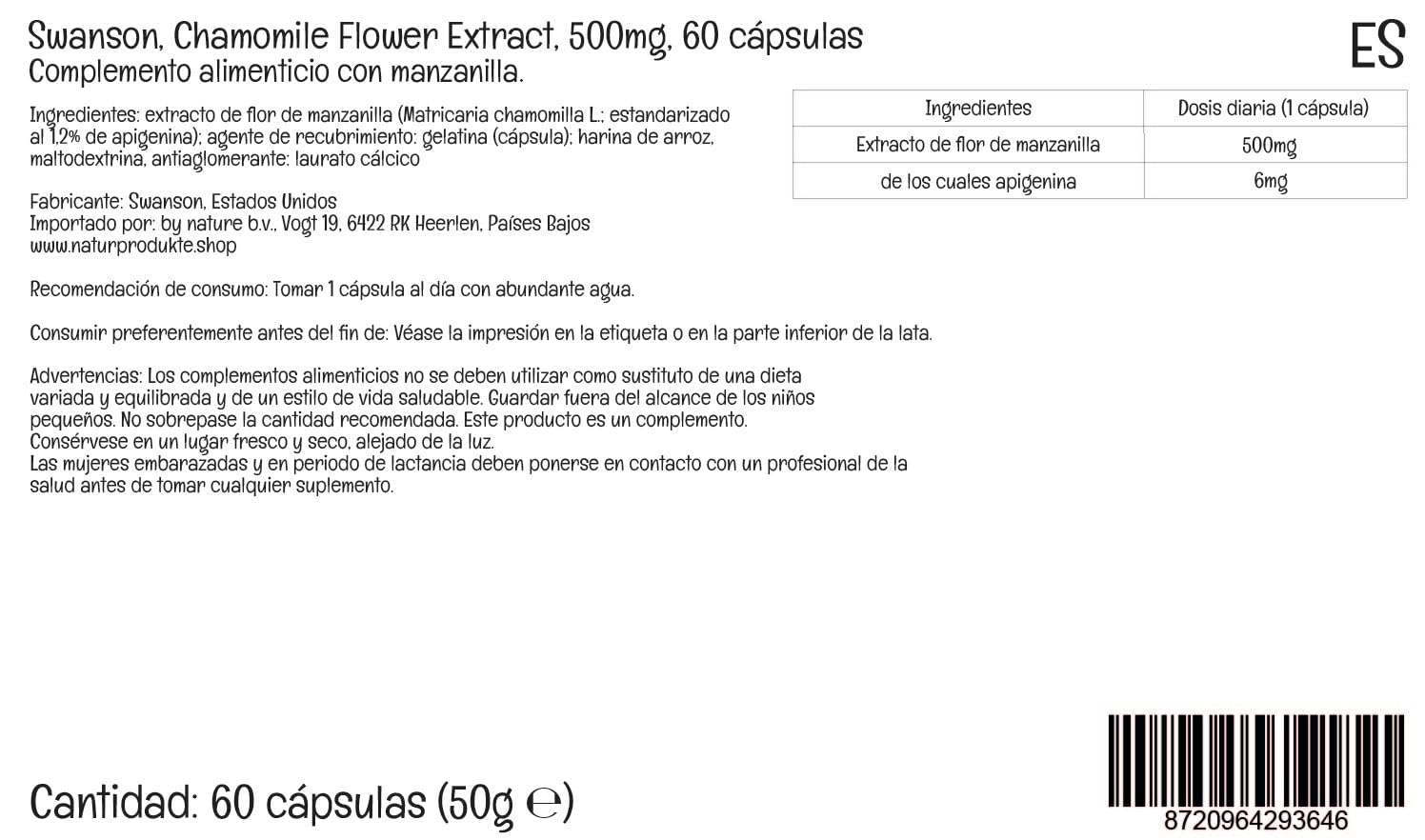 Swanson, Chamomille Flower Extract (Extracto de Flor de Manzanilla), 500mg, Alta Dosificación, 60 Cápsulas, Testado en Laboratorio, Sin Soja, Sin Gluten, No GMO