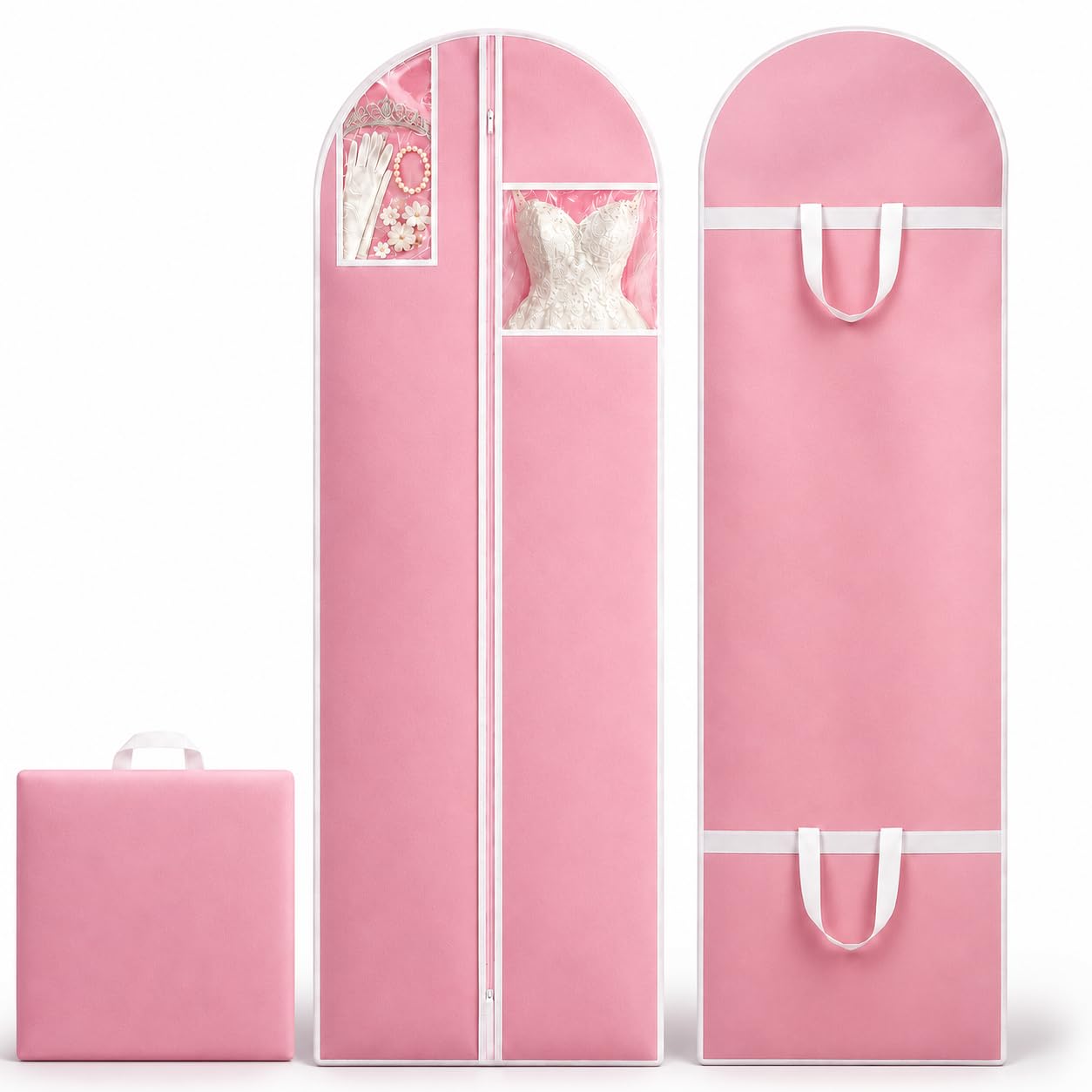 Sytinnice 2Pcs Long Dress Garment Bags, 60×180cm Folding Full Length Garment Cover Bag with Zipper, Pocket & Handle, Breathable Clothes Covers for Gowns Dresses Travel & Storage(Pink)