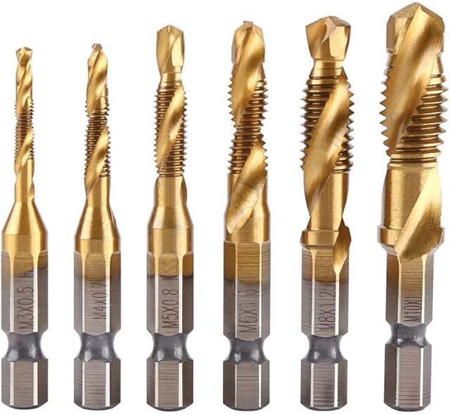 Metric HSS Thread Tap Set, M3 M4 M5 M6 M8 M10 Drill Tap Bit, 6pcs Machine Threading Tool for Wood, Plastic, Metal
